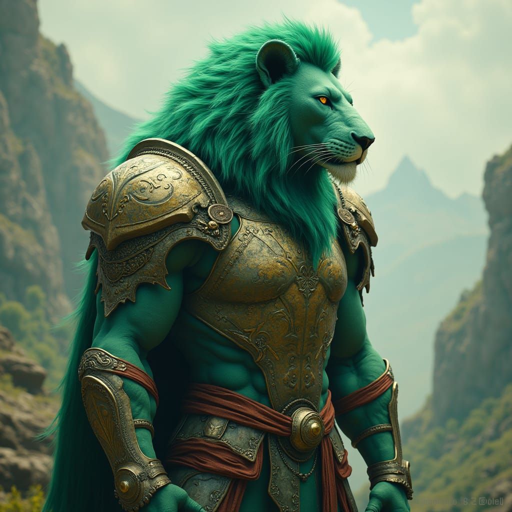 Regal Lion-Human Hybrid in Vibrant Fantasy Landscape