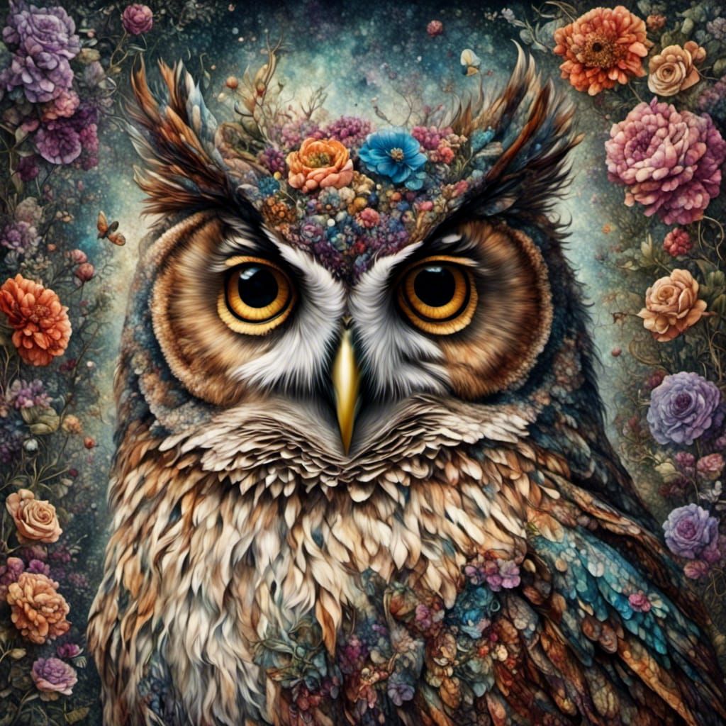 Dreamy Owl Portrait with Floral Tapestry Background