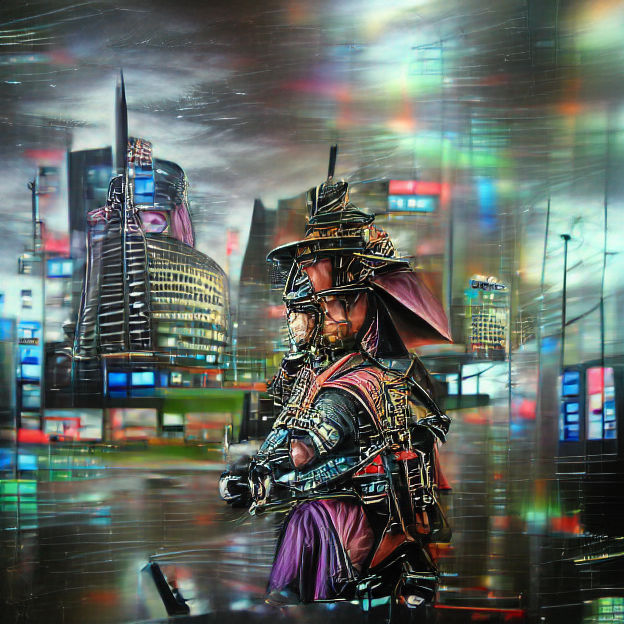Samurai in Cyberpunk City with Holographic Steampunk Element...