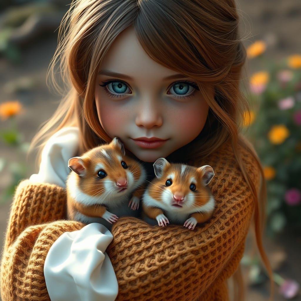 Gentle Girl Encircles Two Sleeping Hamsters in Whimsical Rea...
