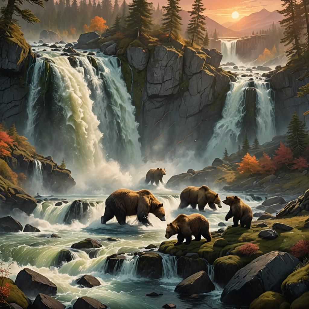 Bears Catching Salmon at Waterfall in Fantasy Landscape