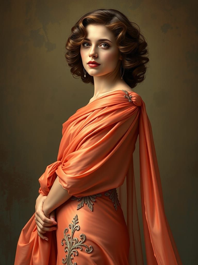 Salmon Gown Beauty in Art Nouveau Style
