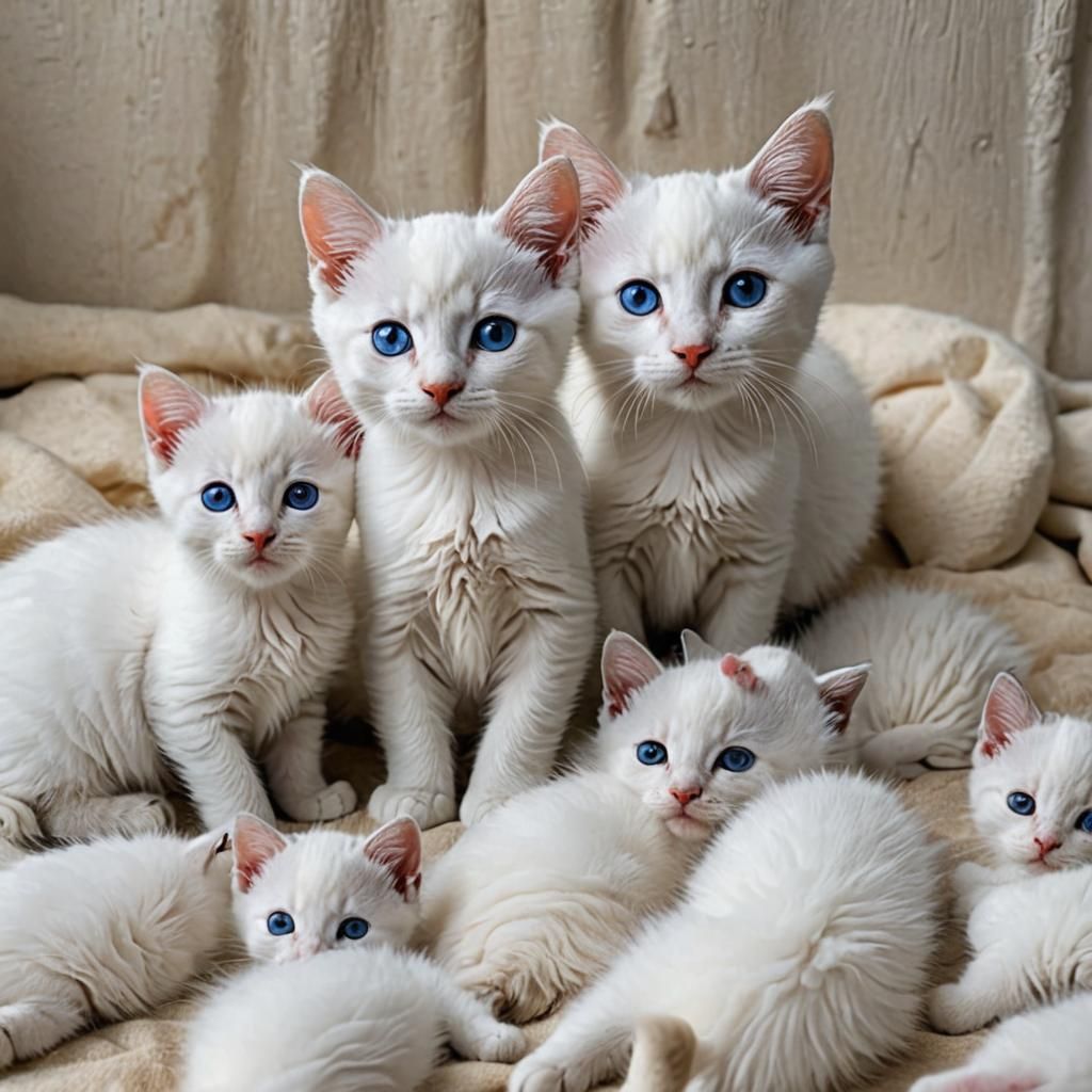 Milk White Cat with Blue-Eyed Kittens