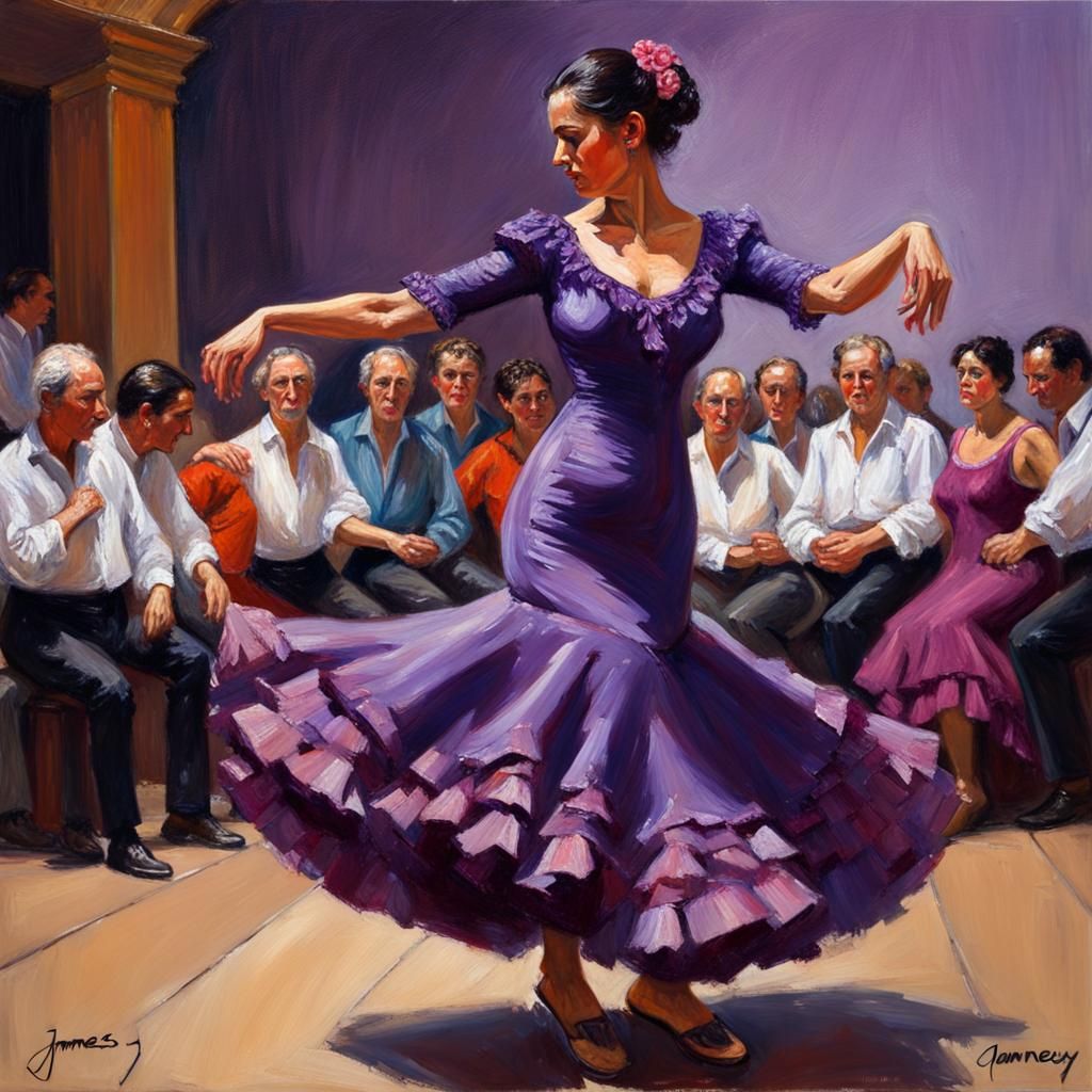 Flamenco Dancer in Violet Dress: An Oil Painting