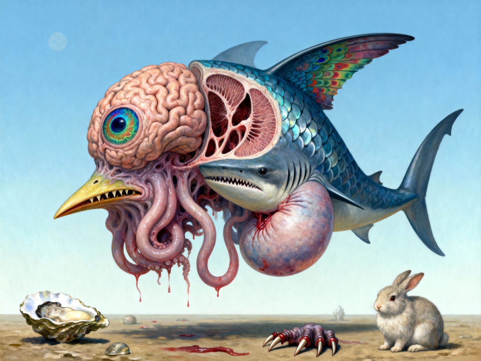 Surreal Mutant Creature with Peacock Eye and Shark Features