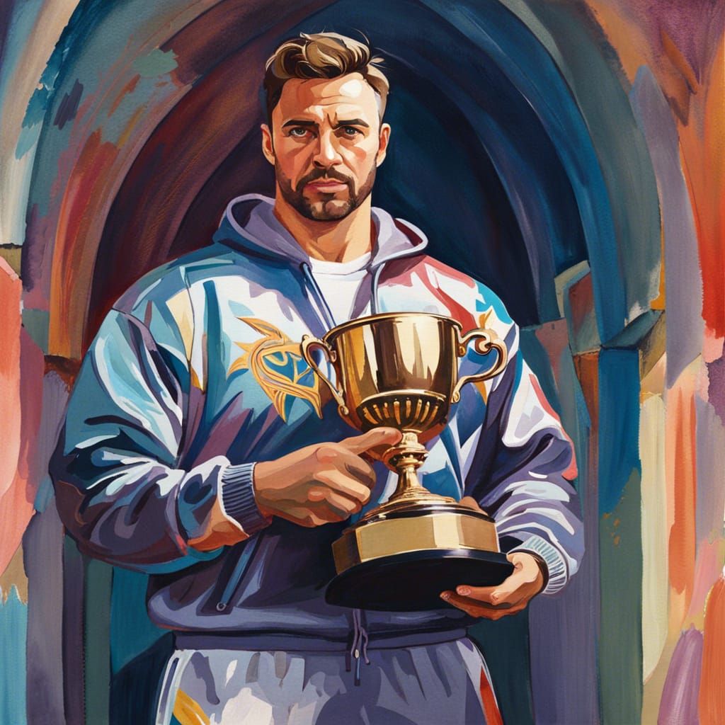 Victorious Man with Trophy as Impasto Gouache Painting