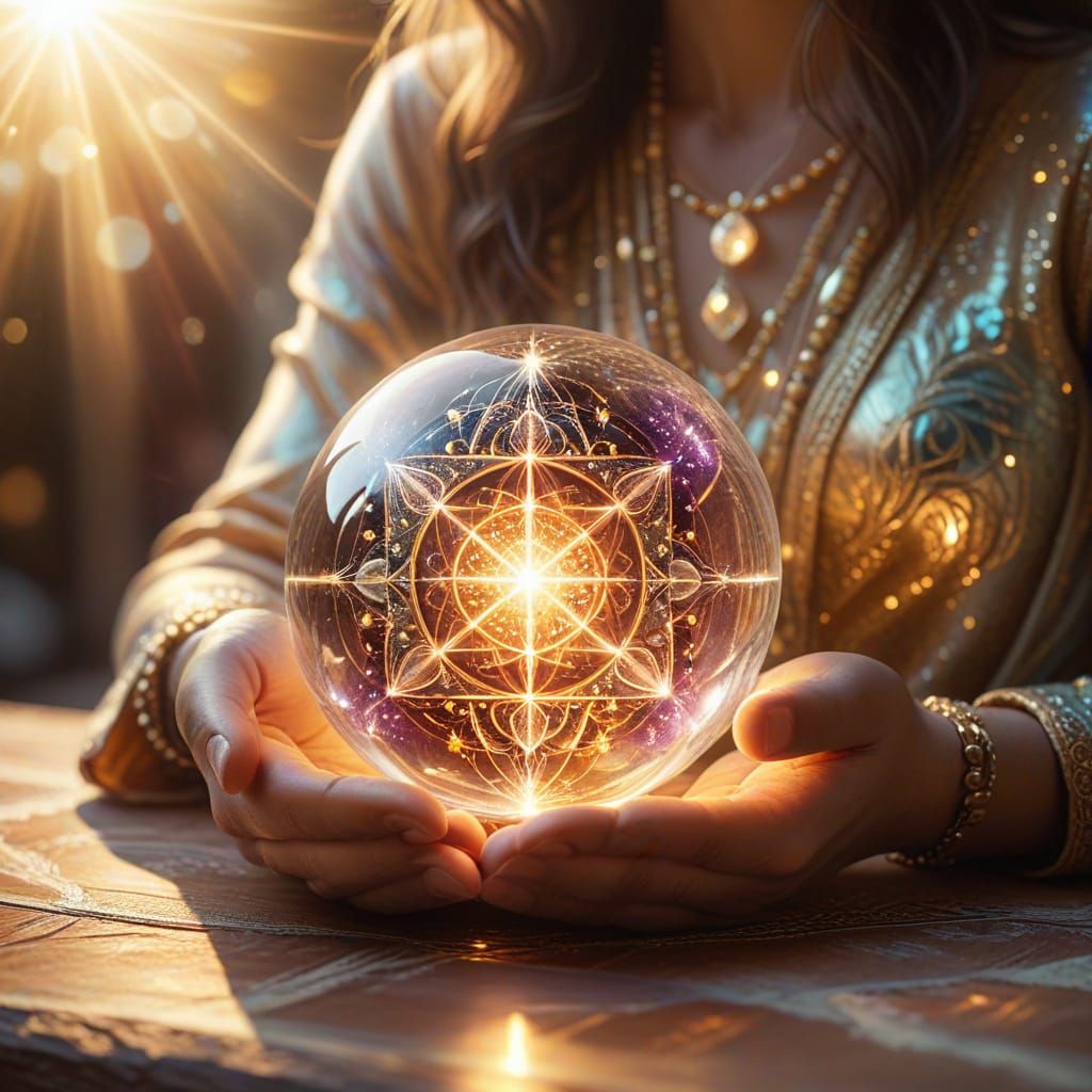 Sacred Geometry Art. Medium shot. A glowing, ethereal being observing a crystal orb emitting a warm, pulsing light, surr...