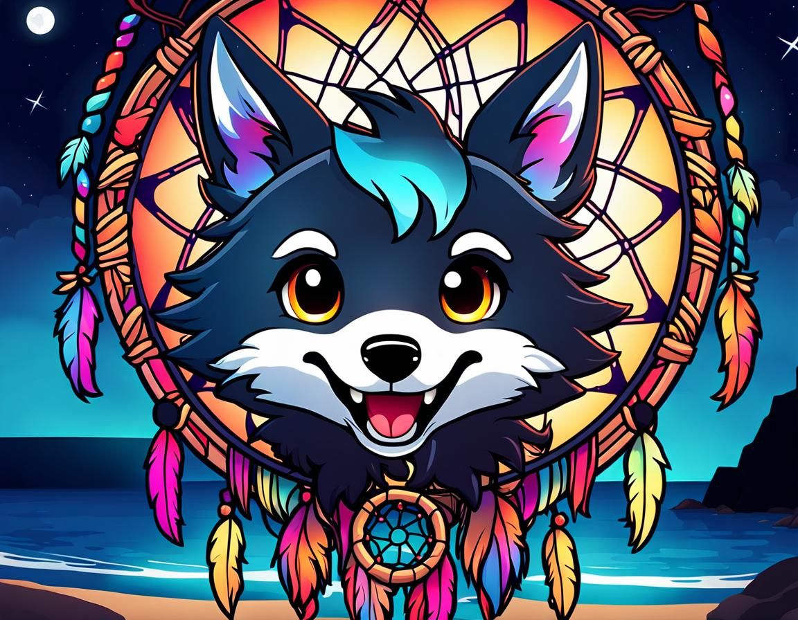 Chibi Wolf Ghost Beach Party at Night