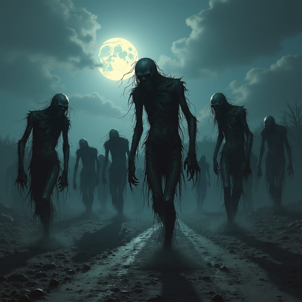 Undead Hordes in a Gothic Moonlit Landscape