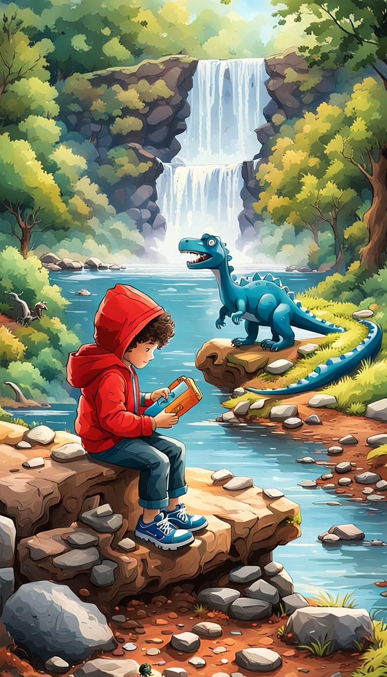 Boy with Dinosaur Shirt by Waterfall