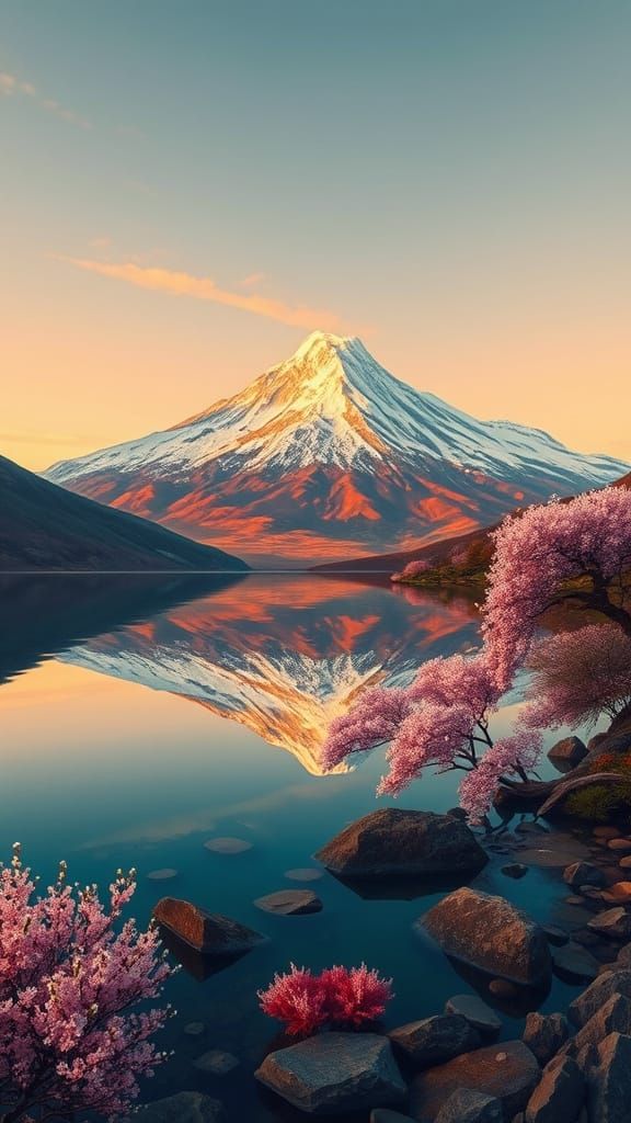 Snow-Capped Mountain in Dreamy Sunset Reflections