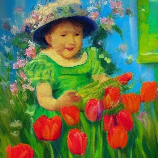 Woman and Child in Tulip Field: Impressionist Painting