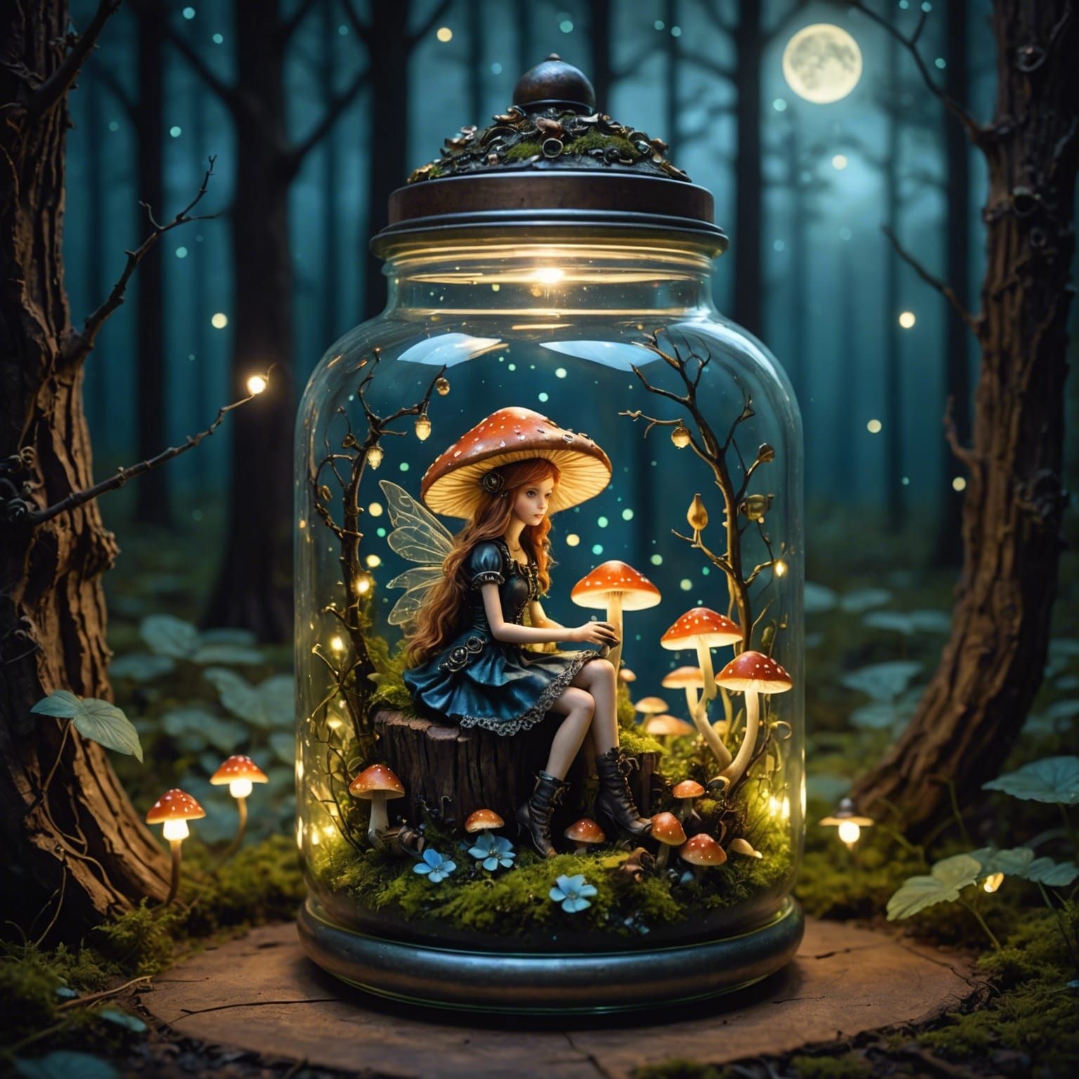 Steampunk Gothic Fairy in Enchanted Mushroom Forest