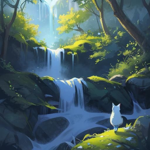 Girl and Cat Explore Forest in Children's Book Style