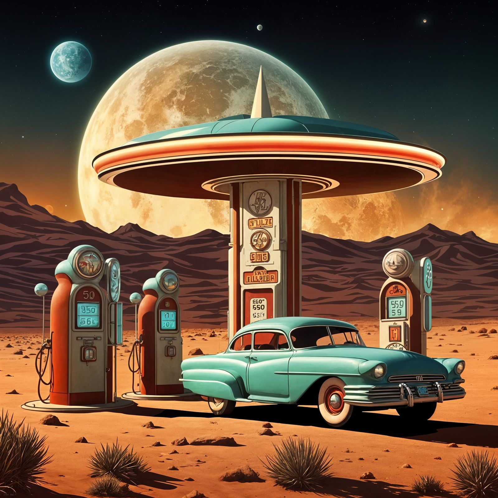 Cosmic Retro Gas Station Under Arid Alien Skies