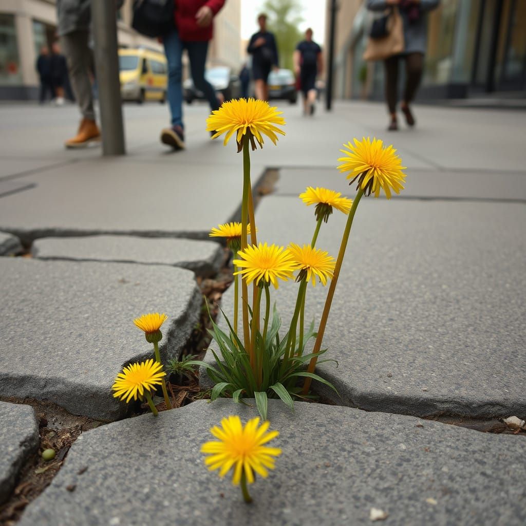 Dandelions Thrive Amidst Urban Bustle in Whimsical Style