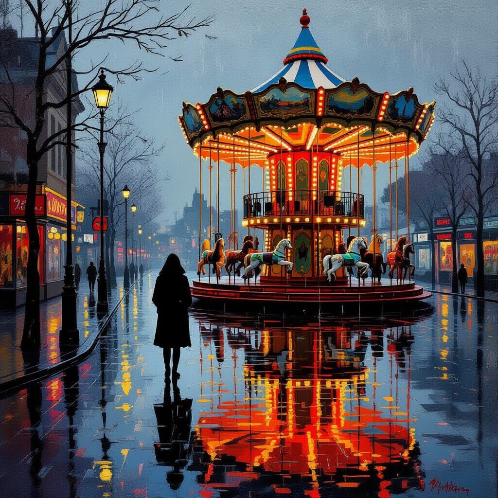 Melancholic Carousel Scene in Chiaroscuro Style