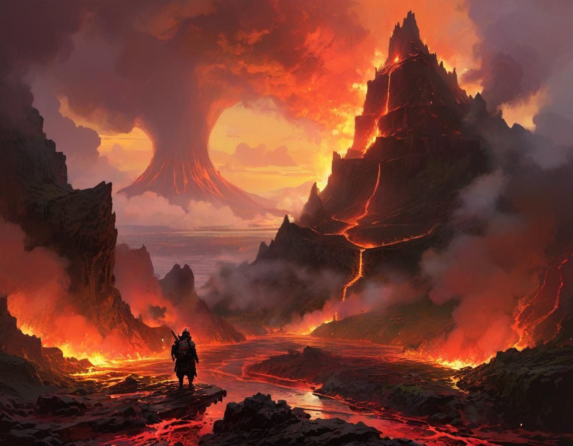 Dark Fantasy Fortress Built into a Volcano