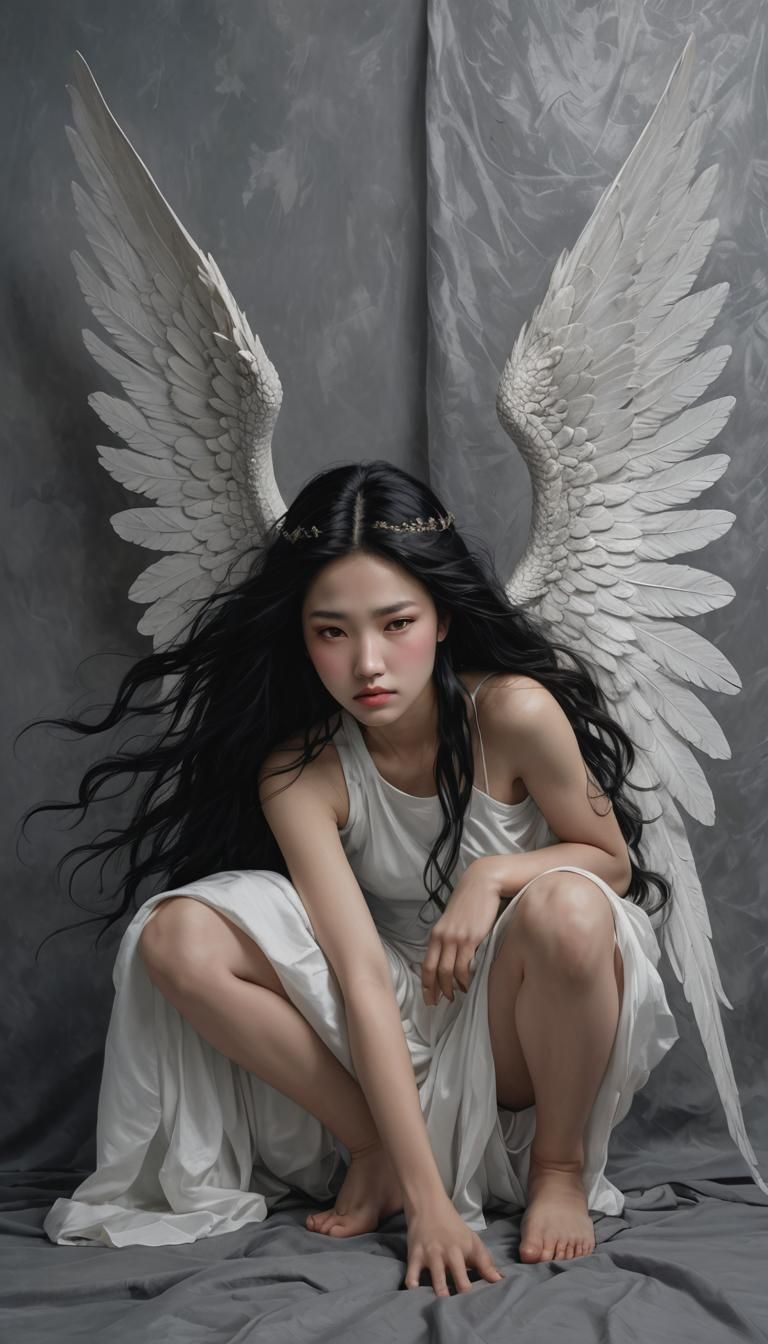 Angelic Girl with Intricate Wings and Modern Twist
