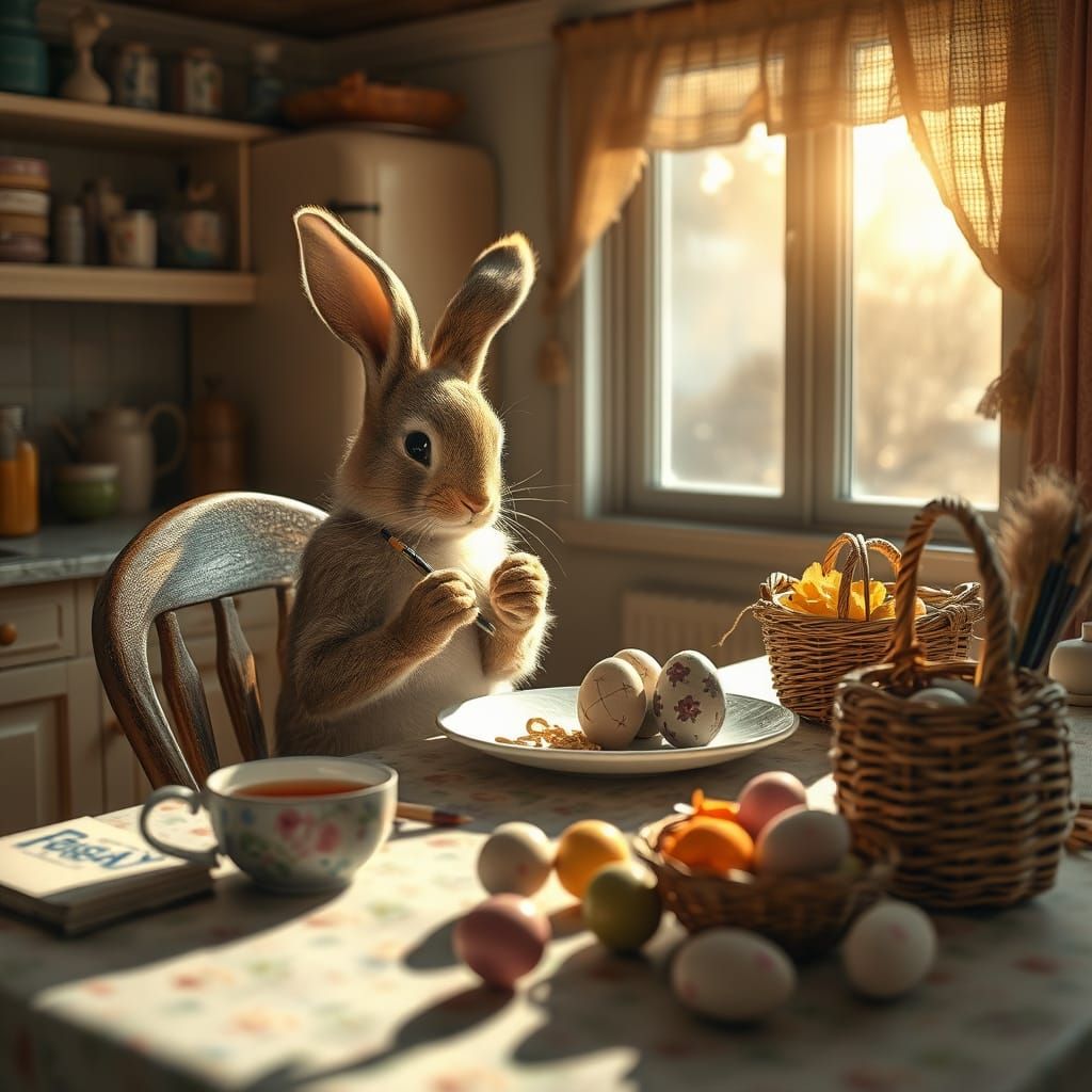 Easter Bunny Paints Eggs in Whimsical Kitchen Scene
