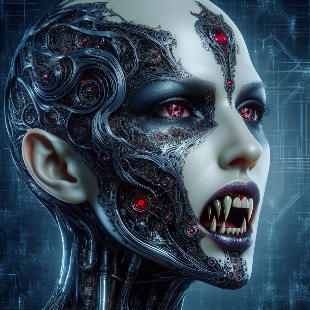 A vampire mixed with artificial intelligence, intricately detailed, 8k resolution