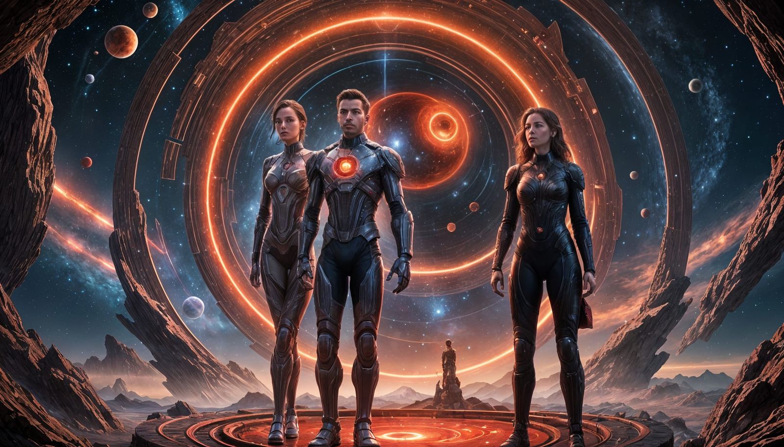 Couple Staring at Glowing Portal in Starry Sky