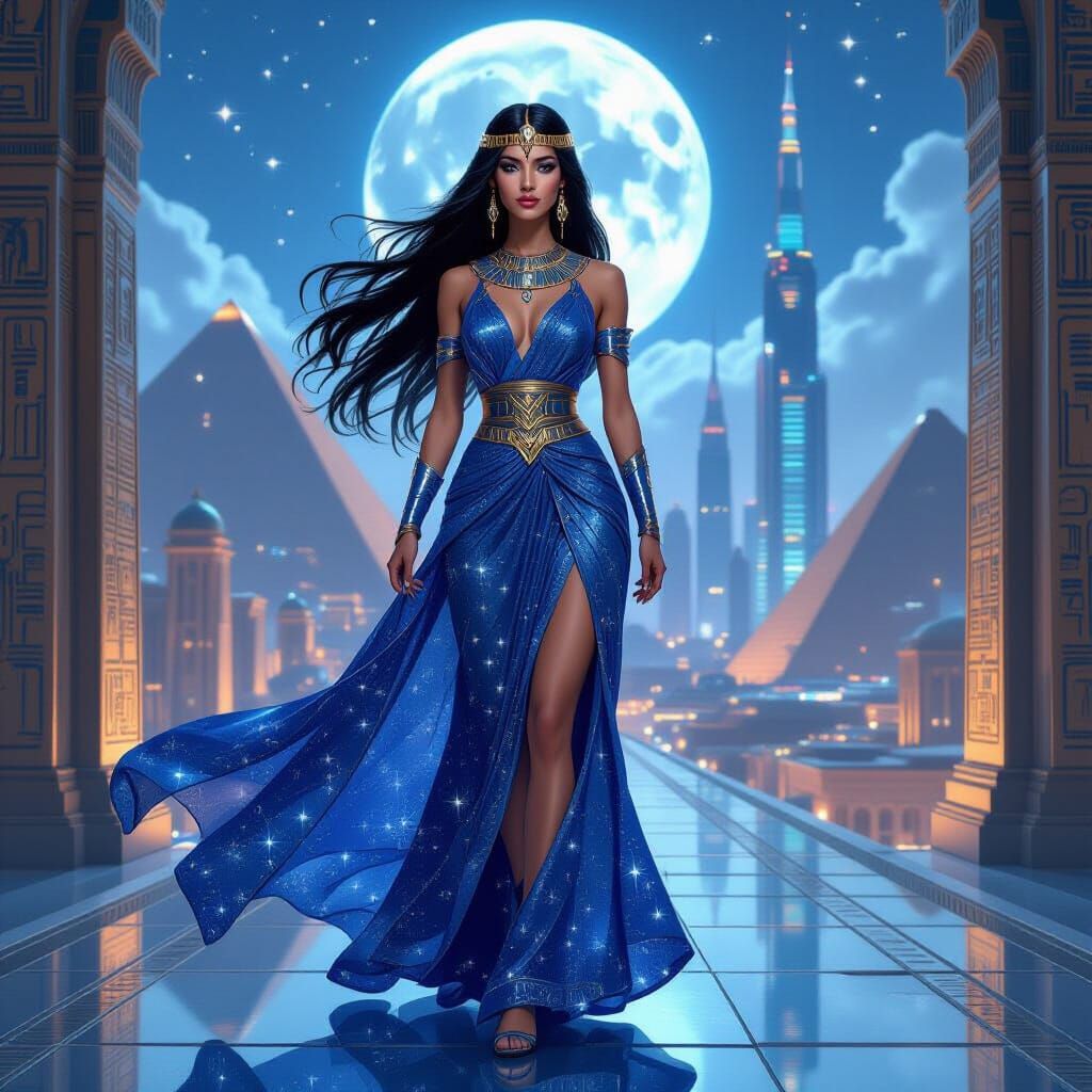 Egyptian Goddess Striding Through Futuristic Cairo