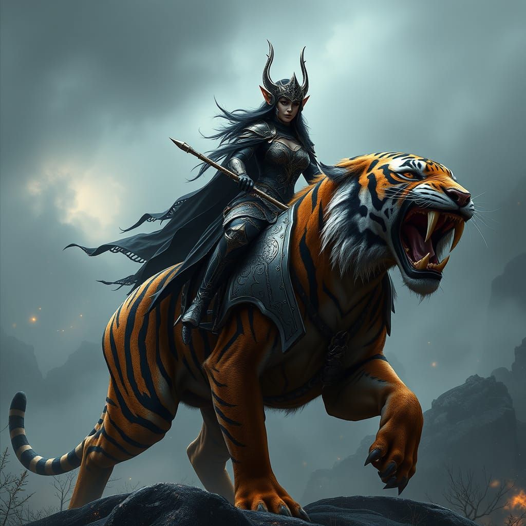 Dark Elf Warrior Maiden Rides Saber-Toothed Tiger in Mystica...