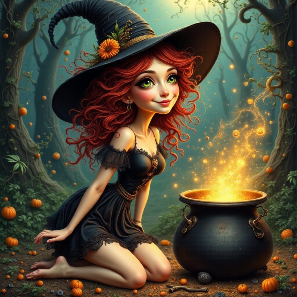 Cute Red-Haired Witch with Cauldron, Nouveau Style