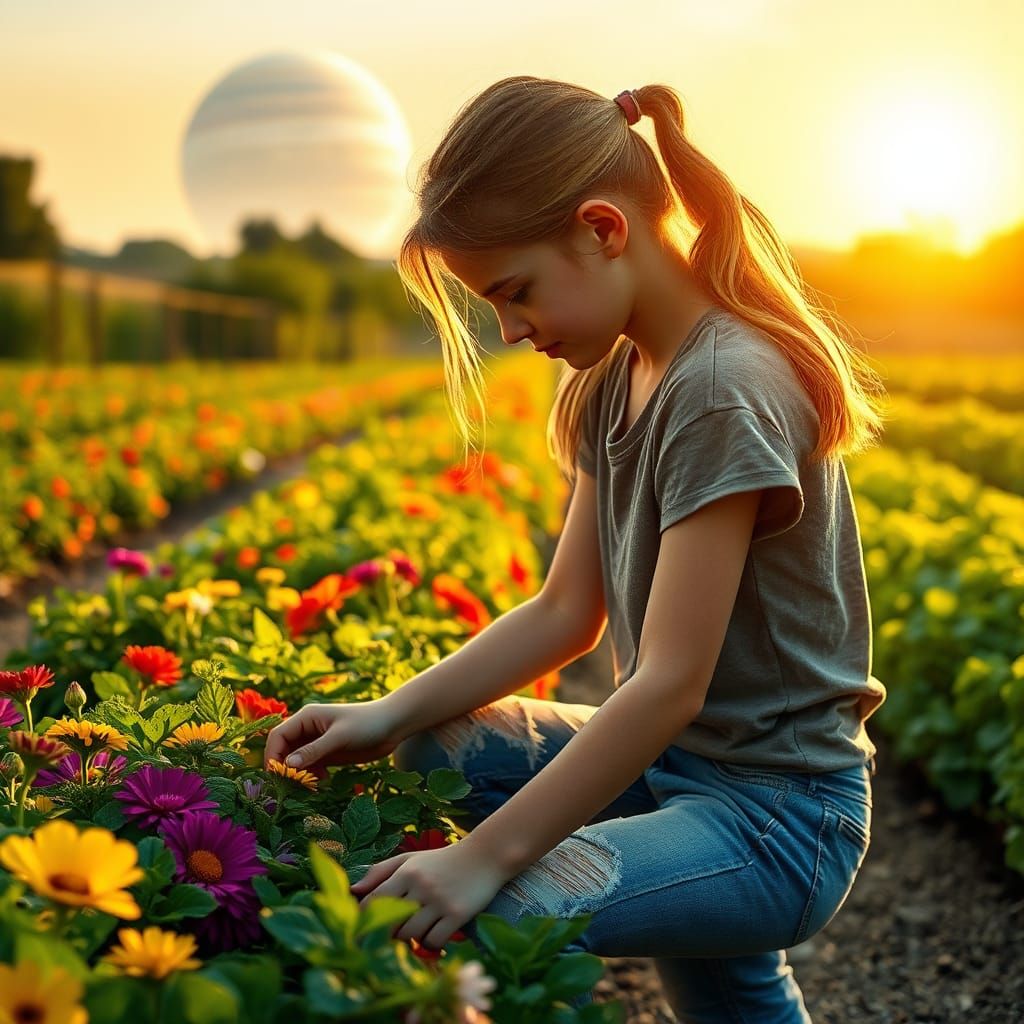 Girl in Lush Garden with Distant Planets