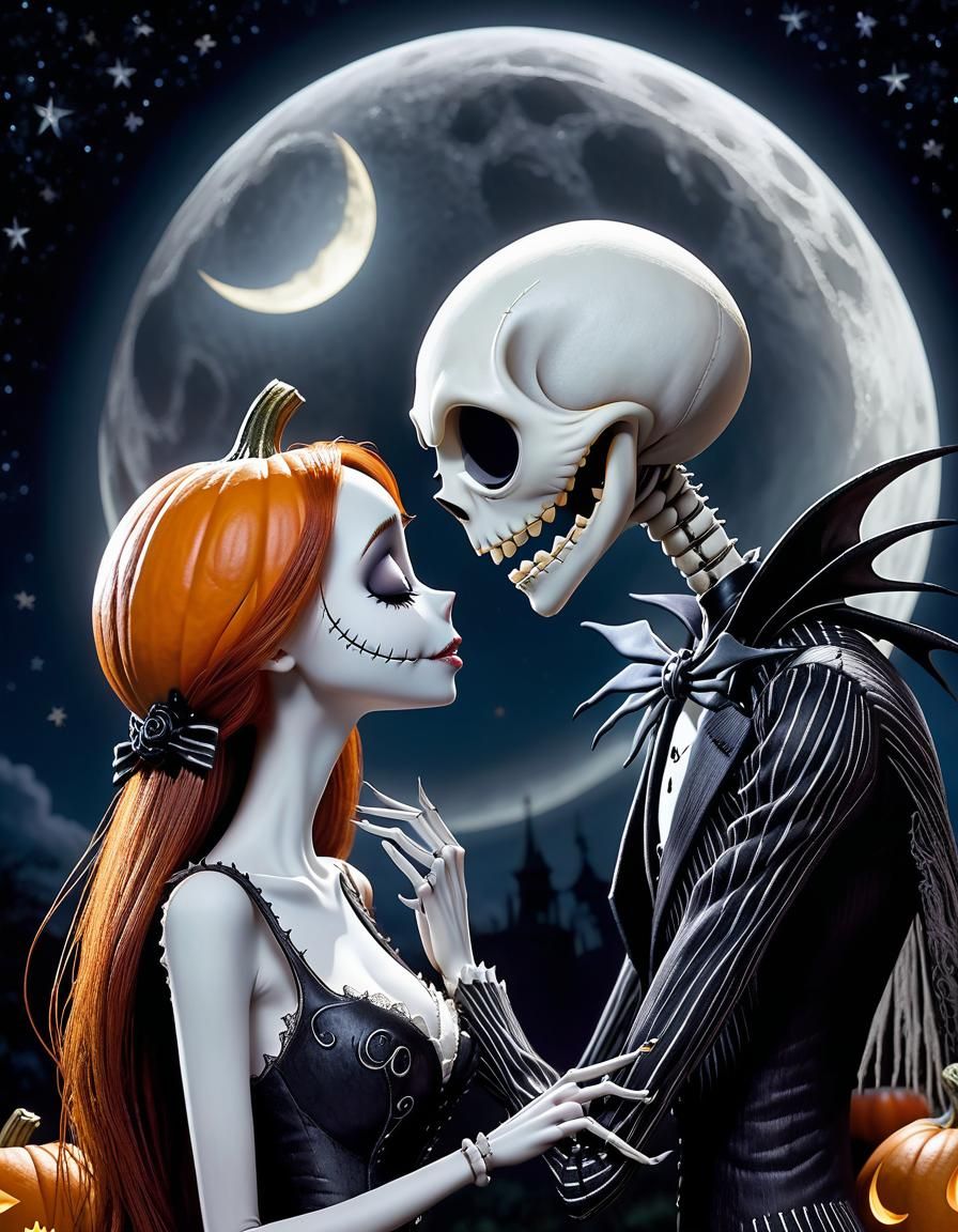 Jack and Sally Gothic Art Under Pumpkin Moon