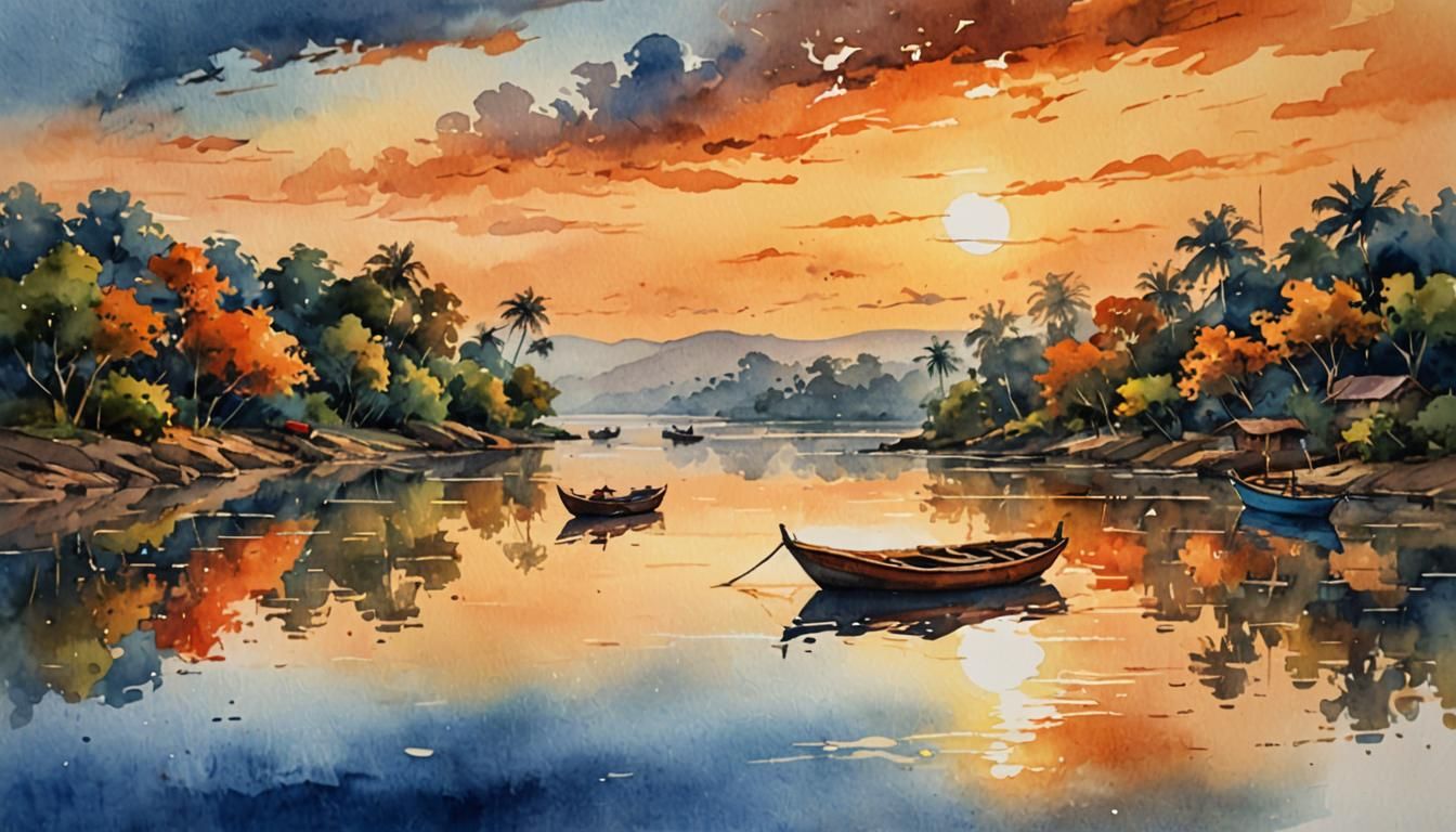 Watercolor River Sunset with Small Boats