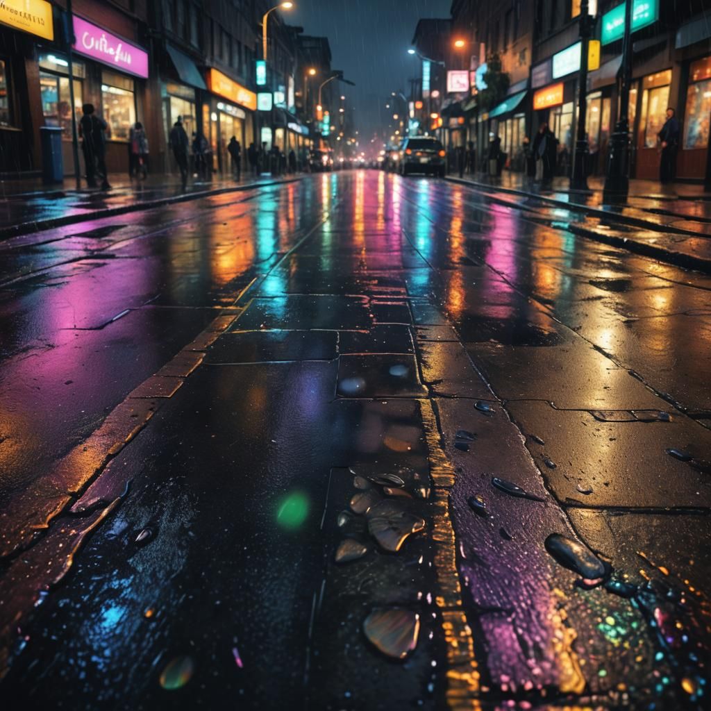 Iridescent Rain-Slicked Street at Night: Digital Matte Paint...