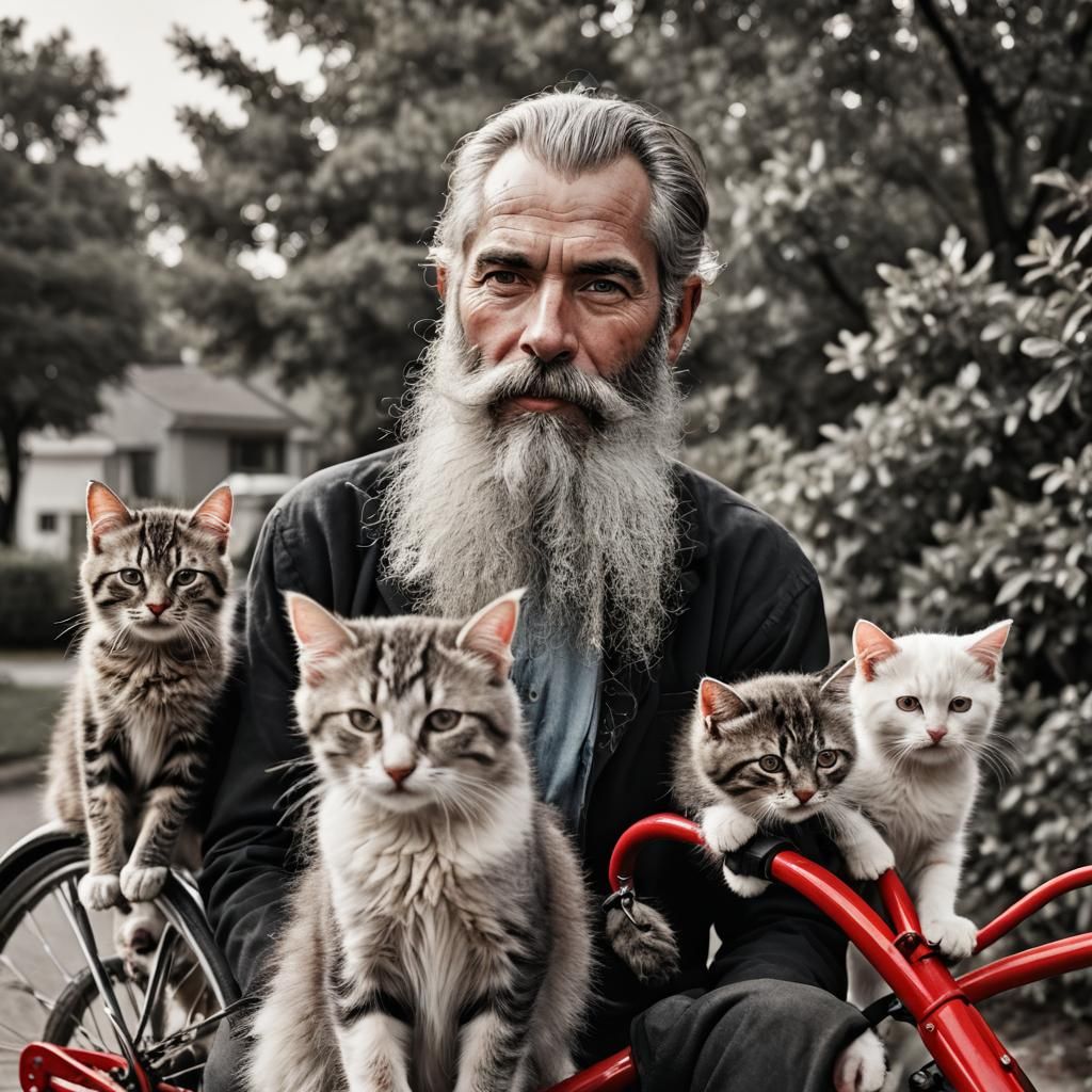 High-Contrast Portrait of Bearded Man with Kittens