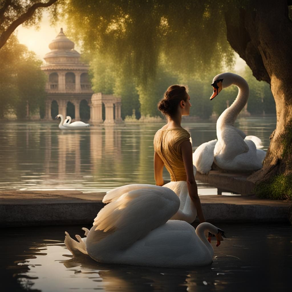 Indian Princess in Royal Garden with Golden Swans