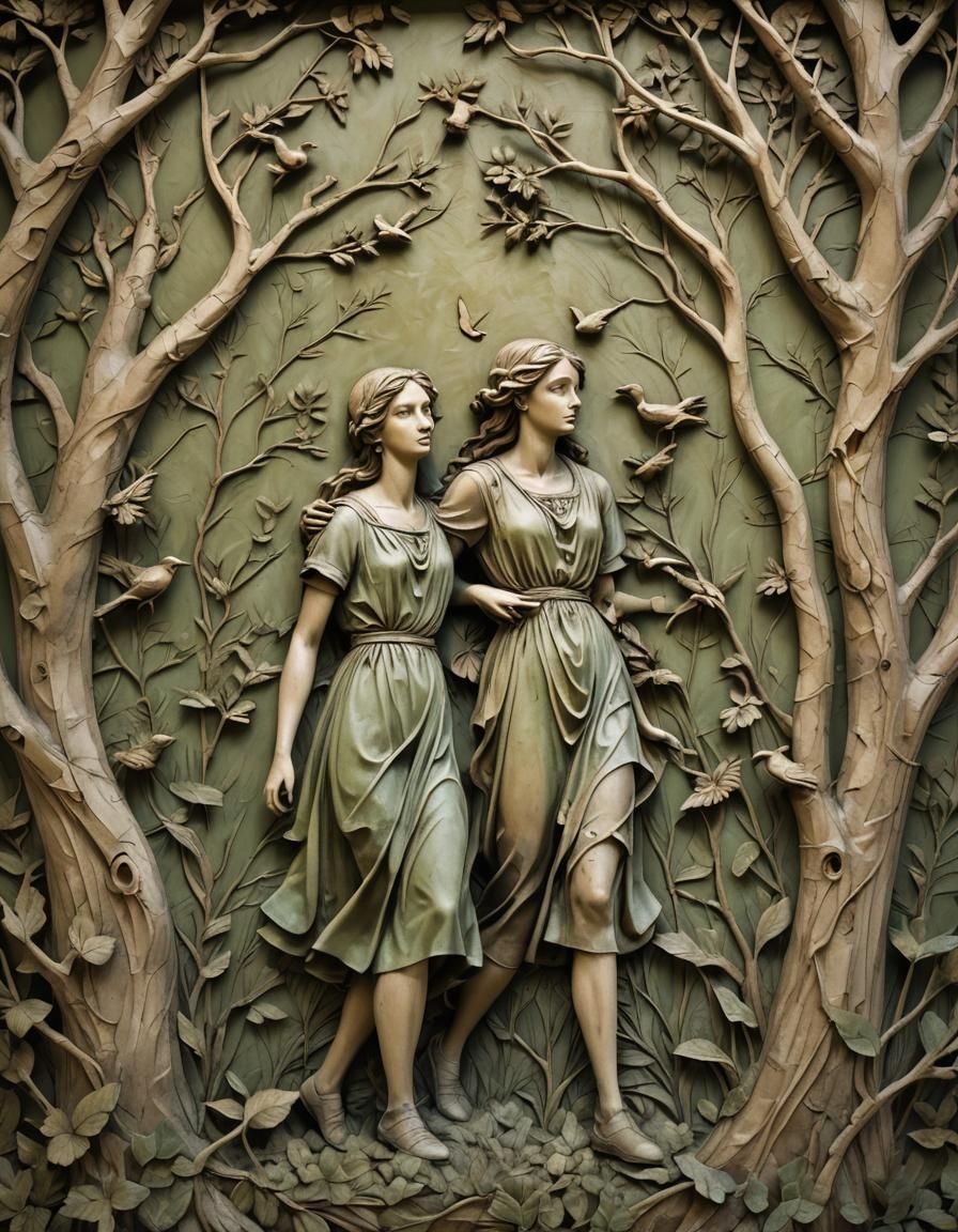 Neoclassical Bas-Relief of Girl in Overgrown Forest