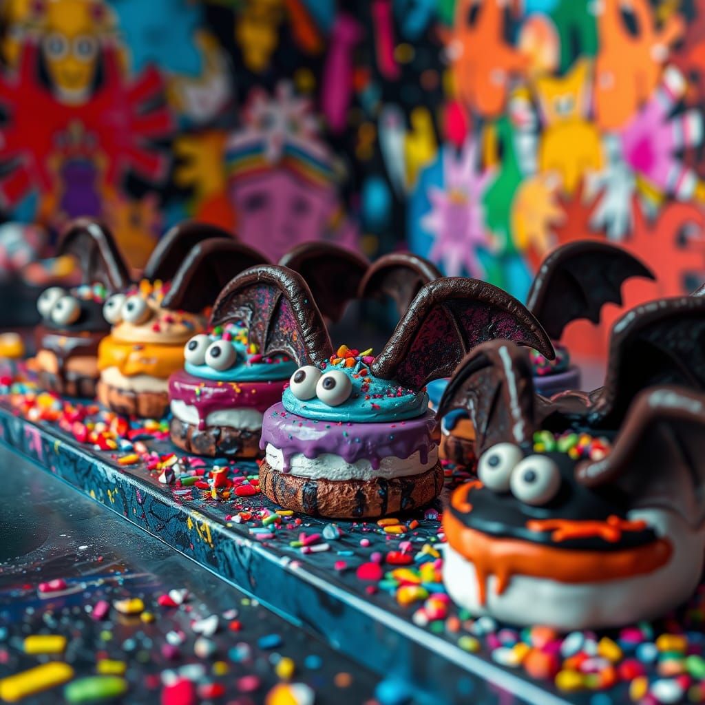 Whimsical Bat Desserts in Graffiti Art Style