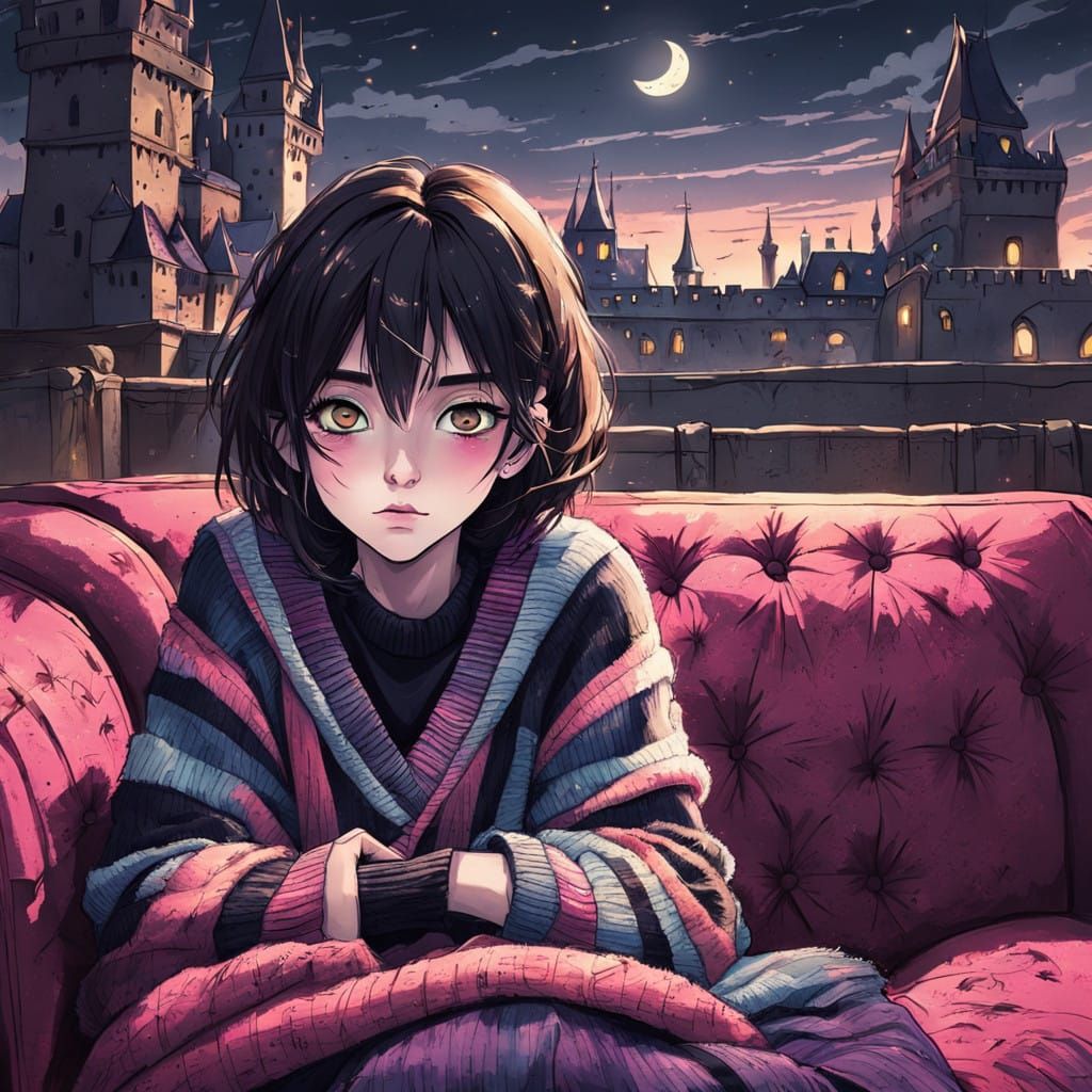 Emo Woman Lost in Melodies on Velvet Couch