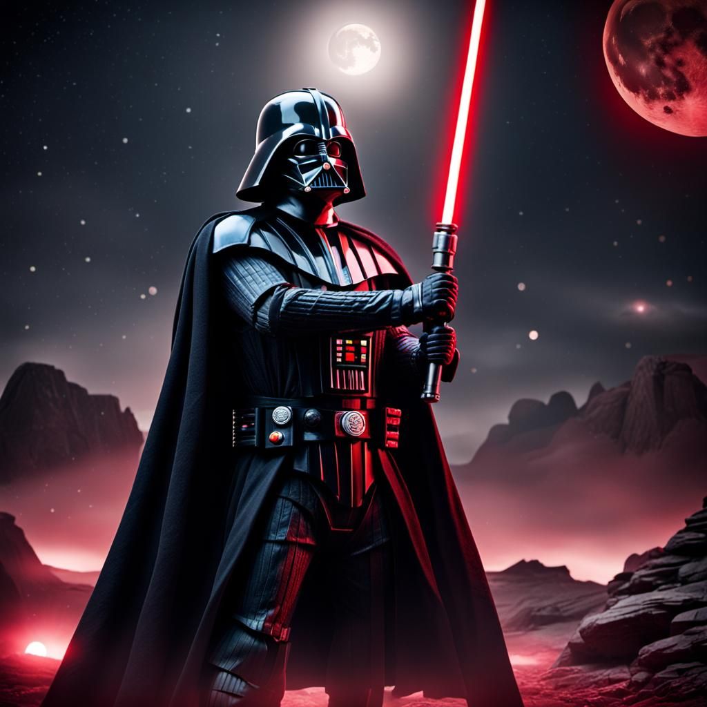 Darth vader posing ready for battle, red light sabre, darkne...