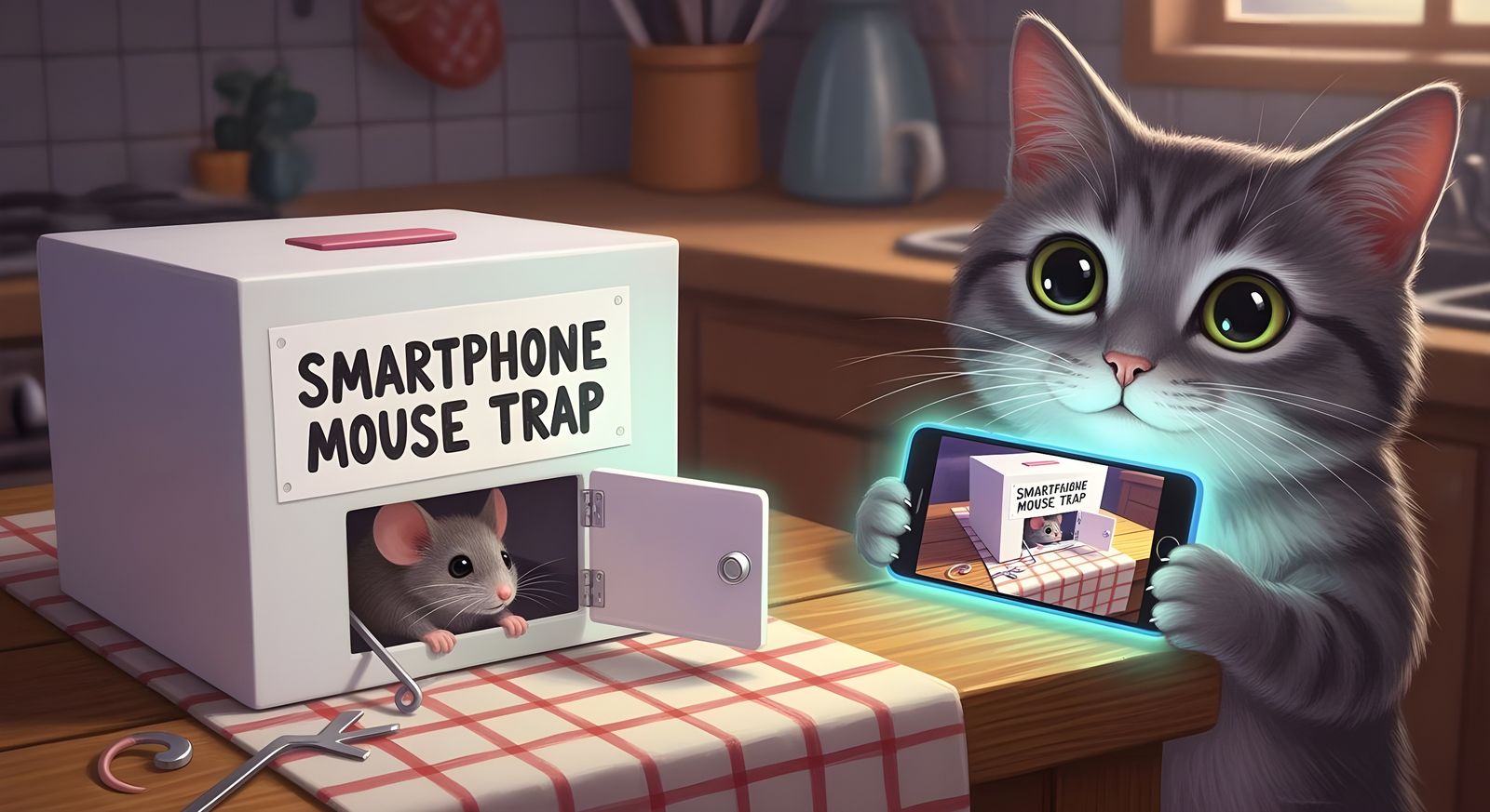 Whimsical Cat with Smartphone Mouse Trap in Rustic Kitchen