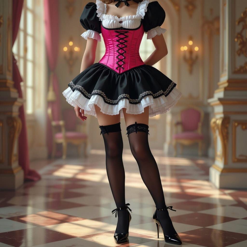 Boy in French Maid Outfit with Pink Corset in Chateau