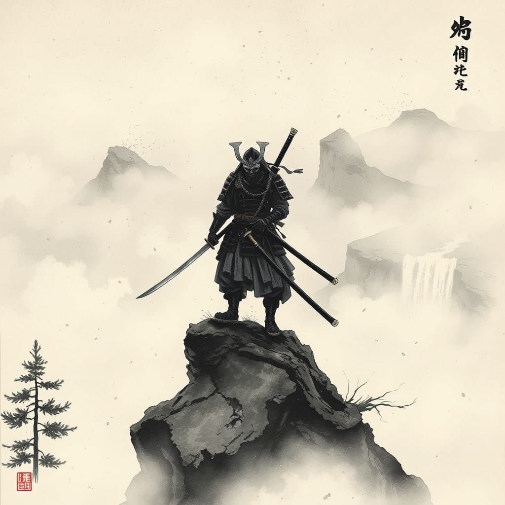 Samurai on Misty Peak: Japanese Ink Wash Painting
