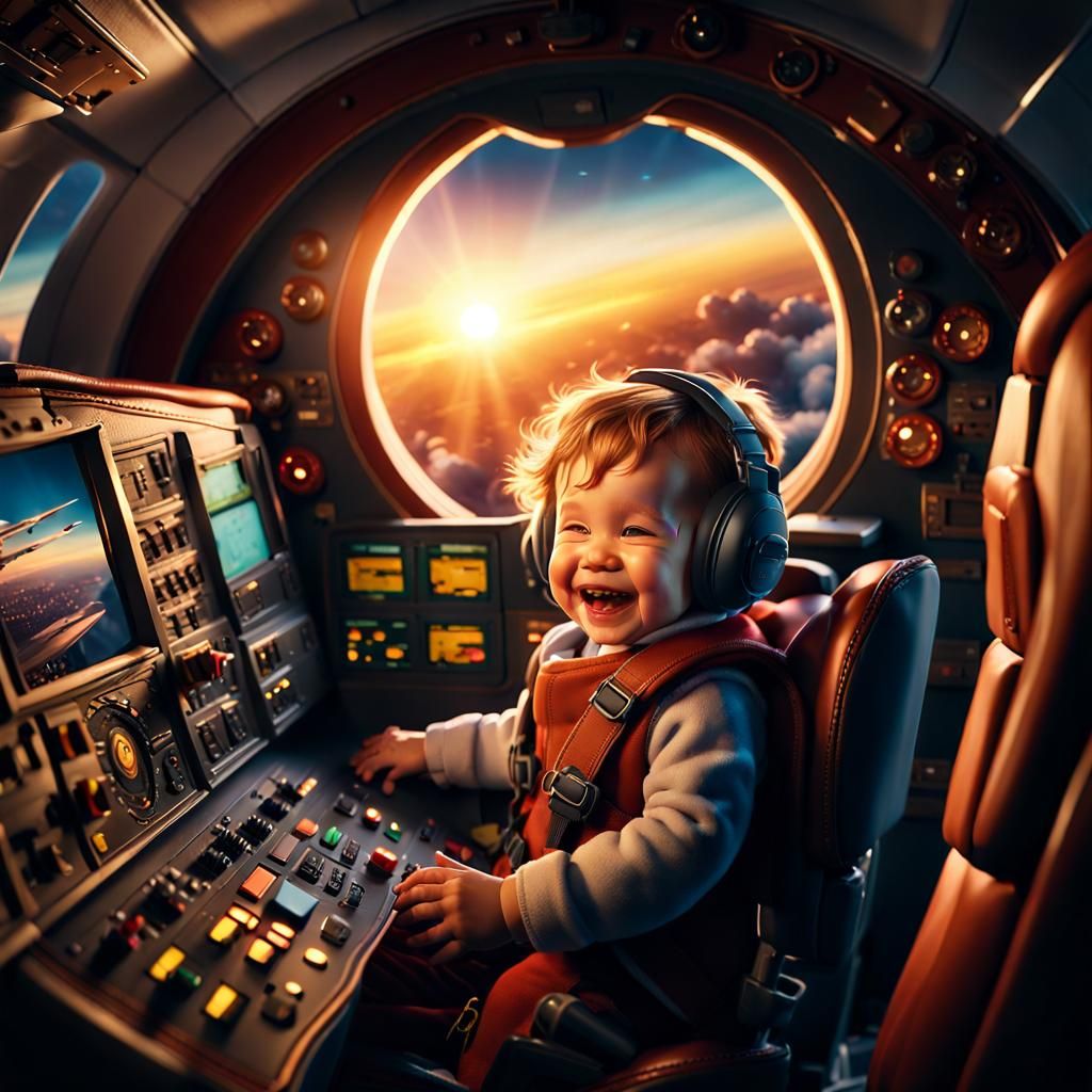 Toddler Pilot at Sunset: Detailed Matte Painting