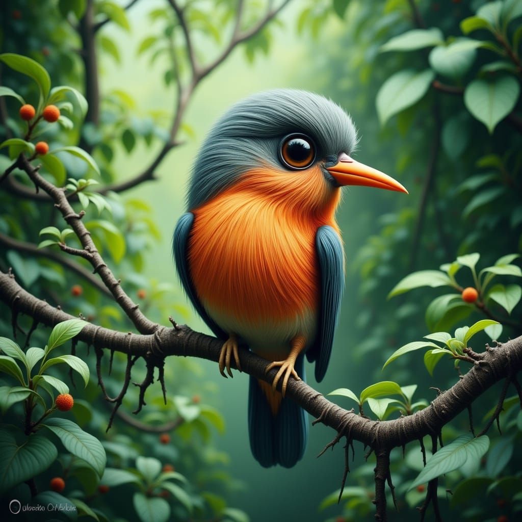 Whimsical Bird in a Forest Glade