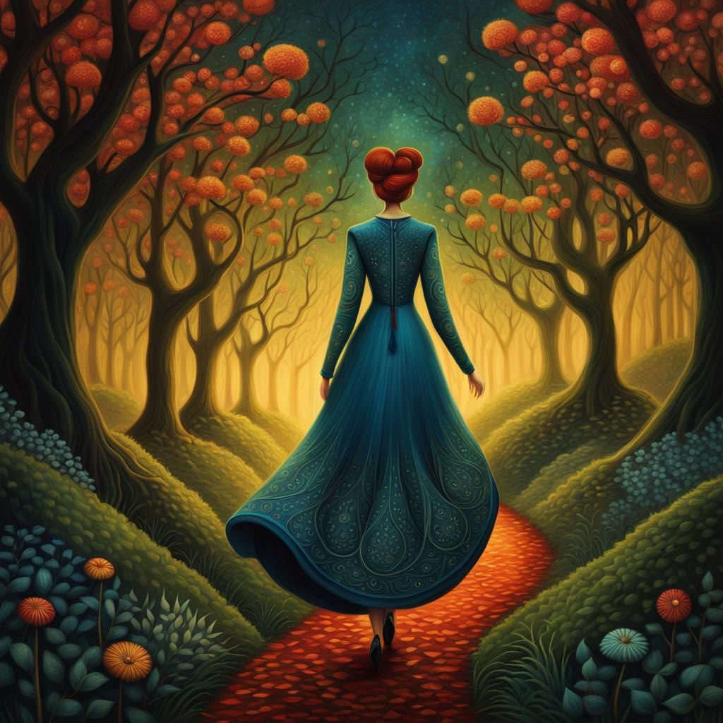 Woman on Forest Path Digital Painting