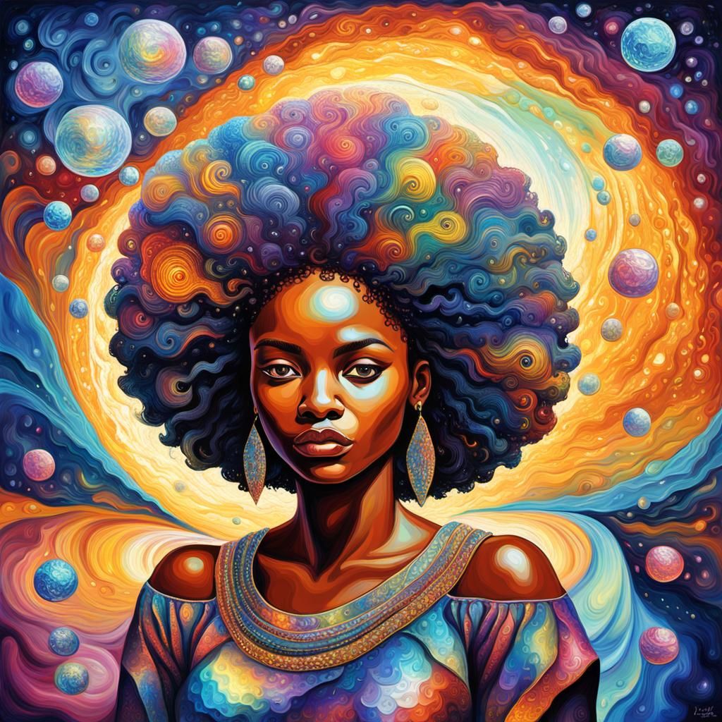 Cosmic African American Woman Portrait in Mixed Media