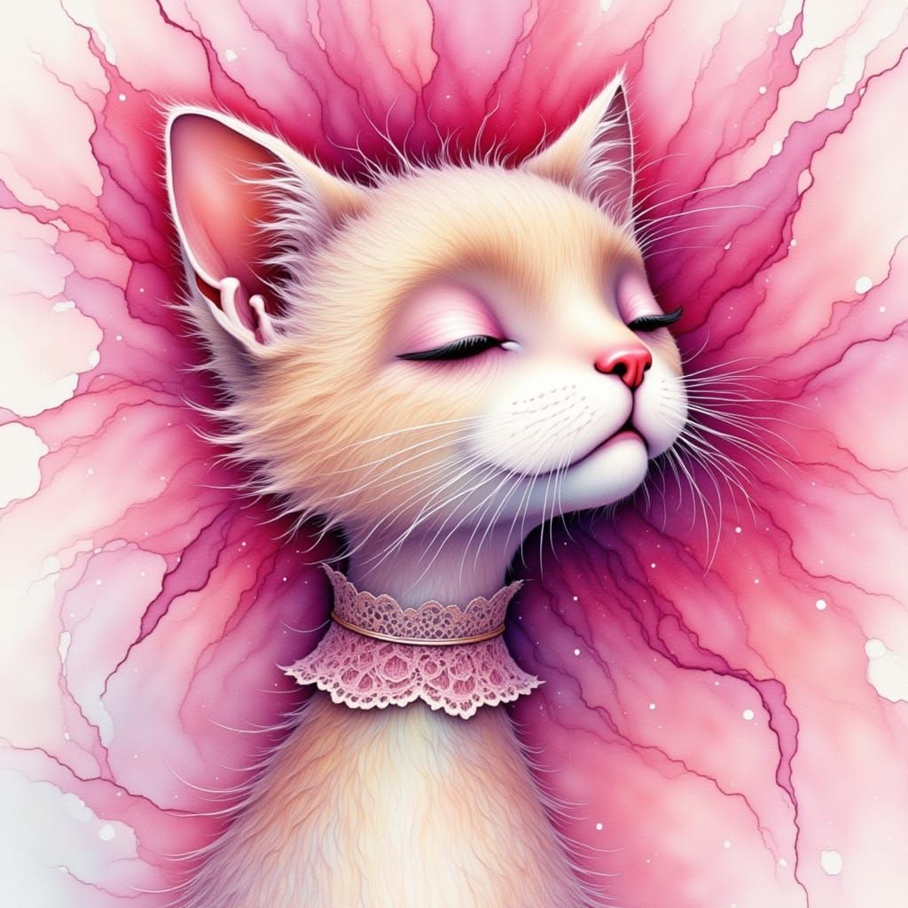 Ethereal Feline in Pink Hues with Watercolor Textures