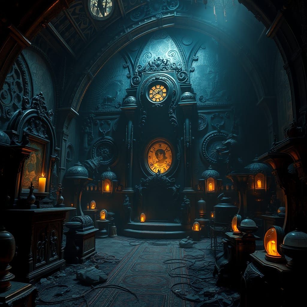 Dark Fantasy Relics in Eerie, Dimly Lit Setting