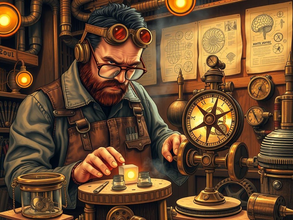 Steampunk Inventor Crafts Intricate Machine in Cluttered Wor...
