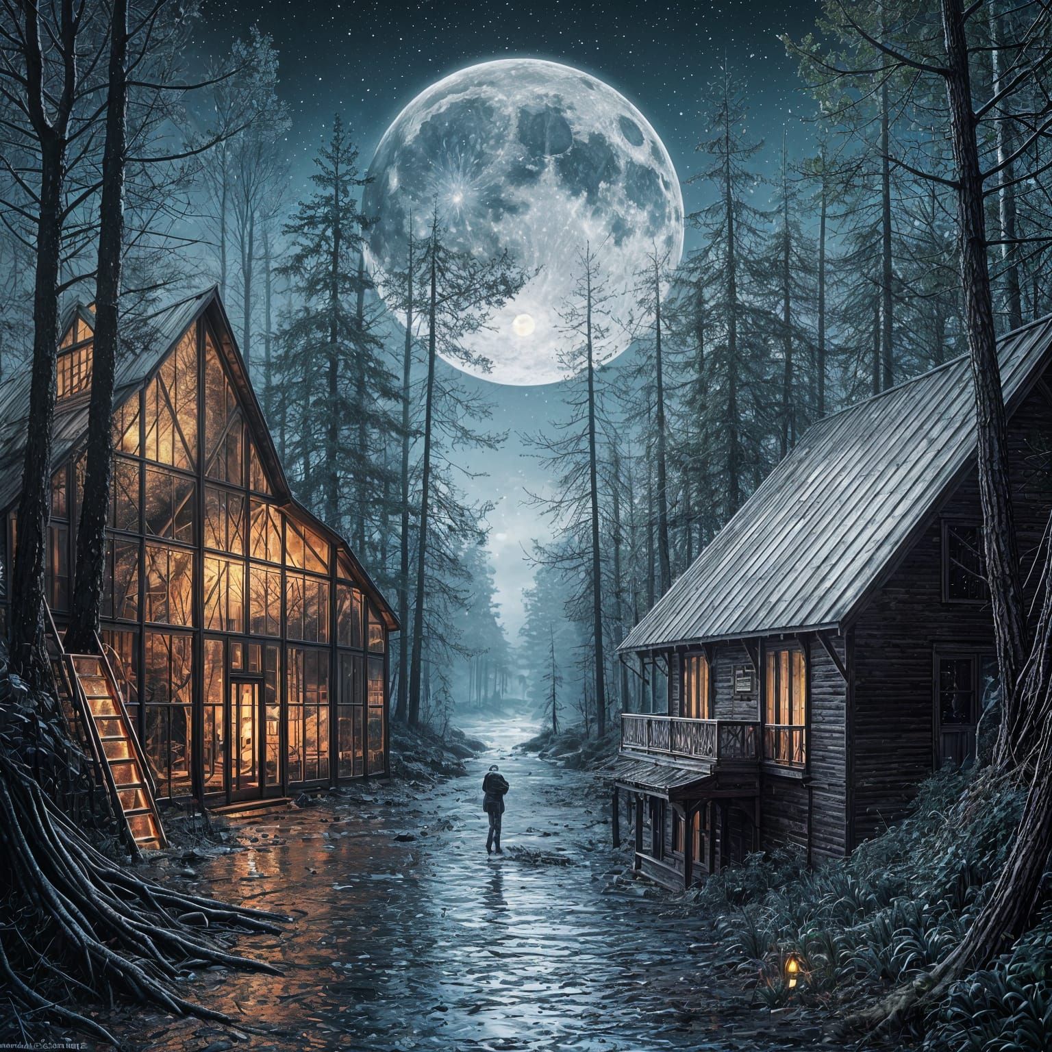 Eerie Forest: Backlit Moon in Hyper-Realism